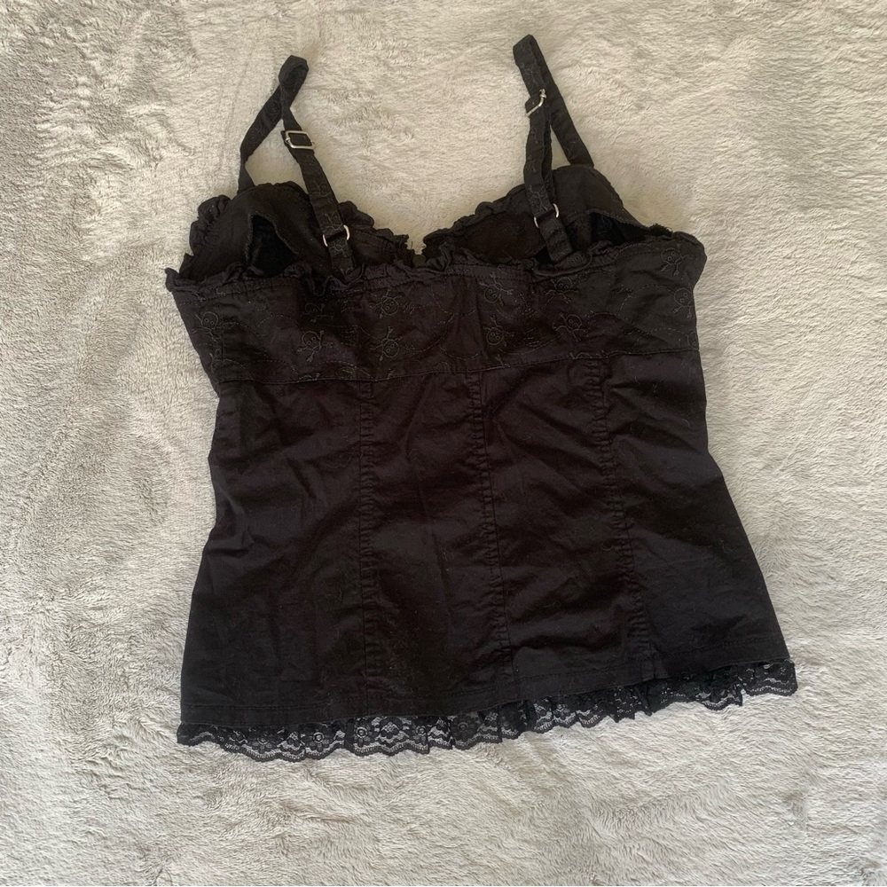 Tripp NYC SKULL EMBROIDERY CORSET Sz Med Black Lace Top Flaw - Picture 6 of 8